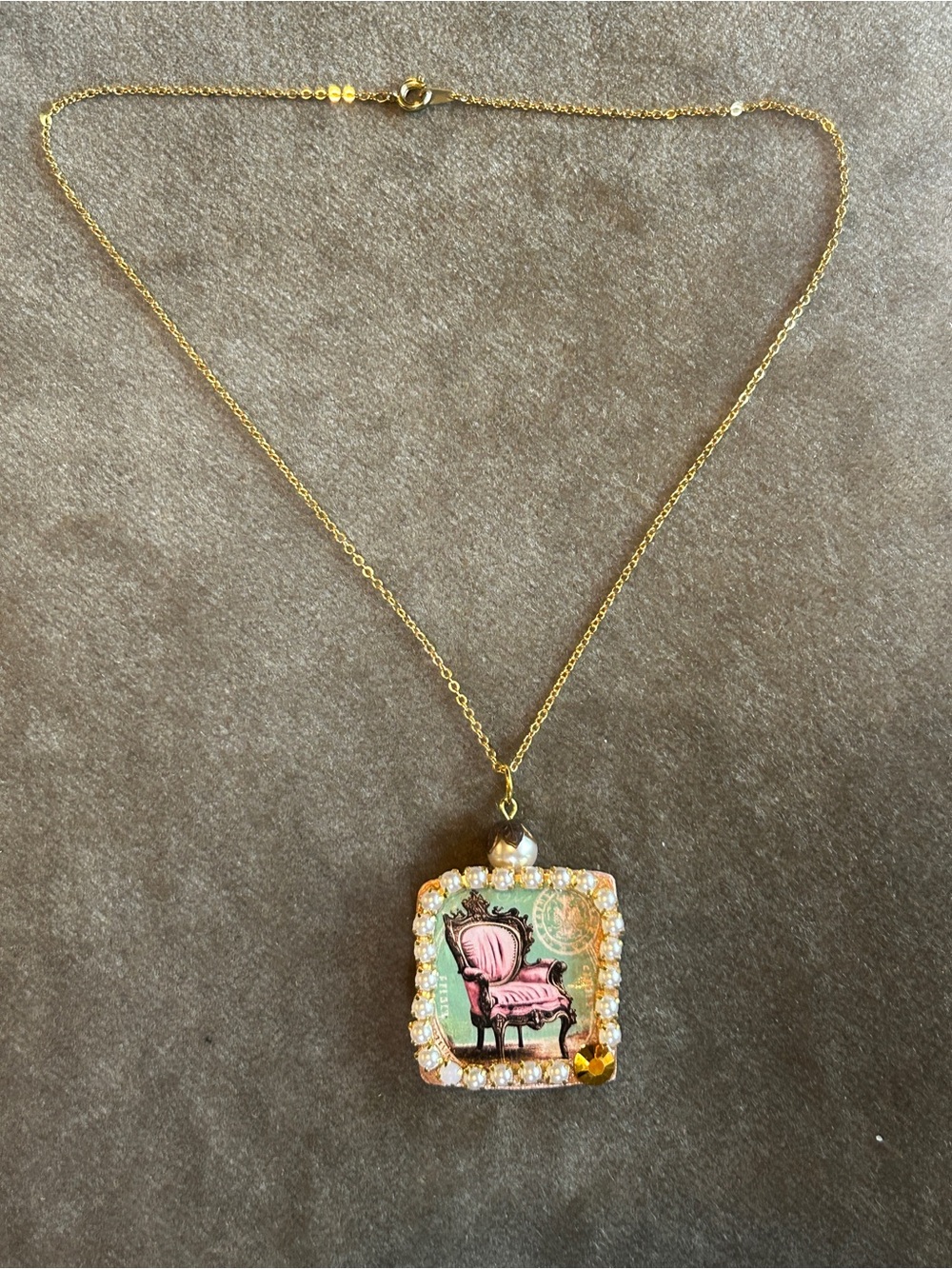 Gold Pendant Necklace with Pink Chair Motif handmade by me
